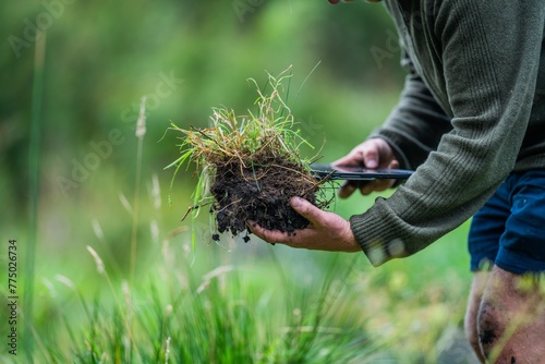 agricultural farmer Holding soil in a hand, feeling compost in a field in Tasmania Australia. soil scientist in australia, soil test photo