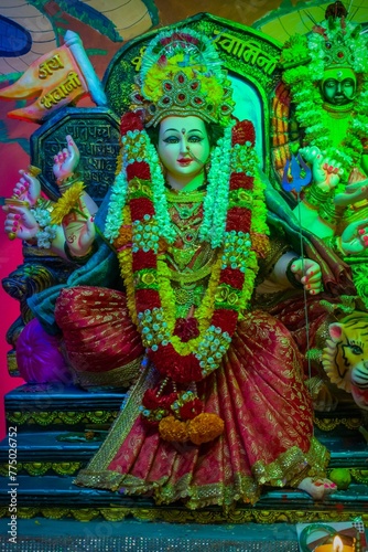 Vertical shot of the beautiful idol of Maa Durga worshipped at a Mandal in Mumbai for Navratri