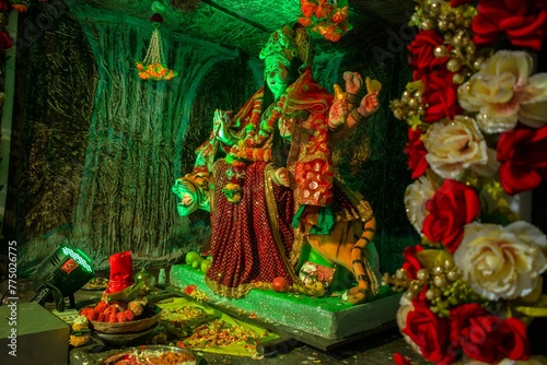 Beautiful idol of Maa Durga worshipped at a Mandal in Mumbai for Navratri © Wirestock