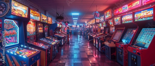 Neon-Lit Arcade with Games and Players in a Blur of Fun