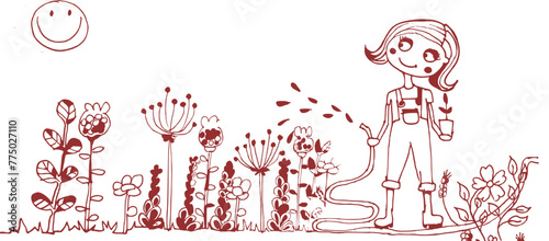 Graziosa ragazza che innaffia le piante del giardino, illustrazione isolata