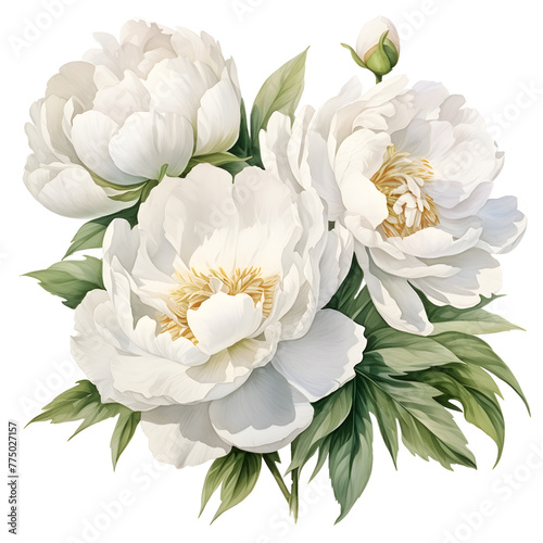 Watercolor floral illustration bouquet - white flowers  rose  peony  green and gold leaf branches collection. Wedding stationary  greetings    fashion  white and transpart background.