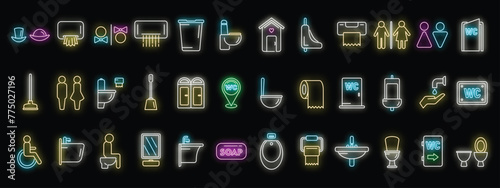 Wc icons set outline vector. Toilet sign. Bathroom toilet neon color on black