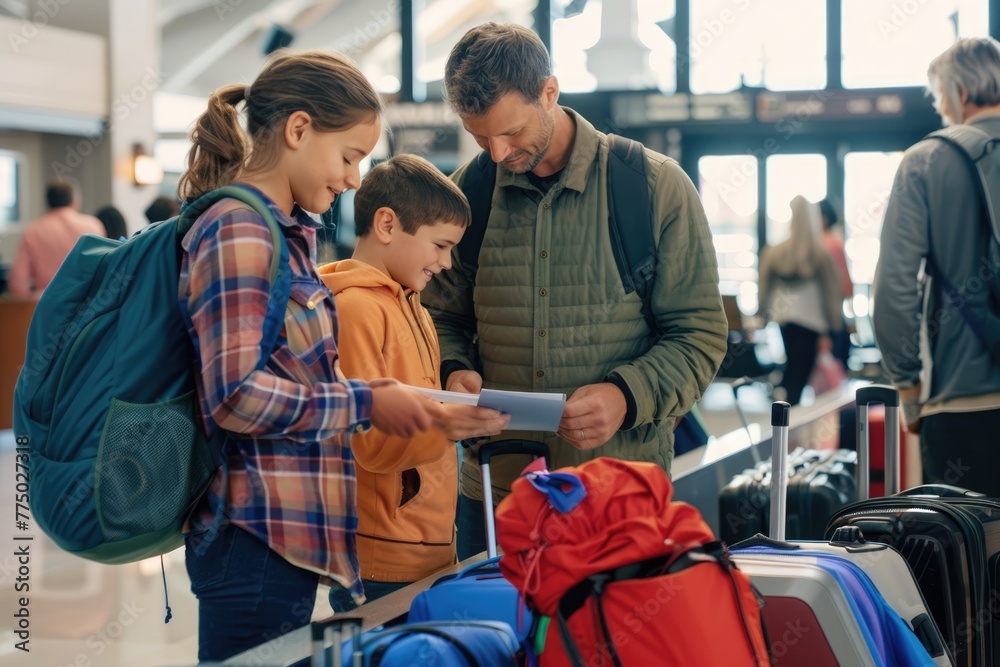A family standing in line at an airport check-in counter, surrounded by luggage and travel bags. A family standing in line at an airport check-in counter, surrounded by luggage and travel bags.
