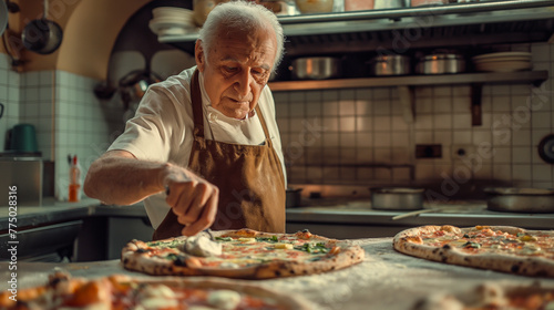 Gray-haired Italian grandfather prepares fresh pizza in the kitchen. Active seniors in the kitchen
