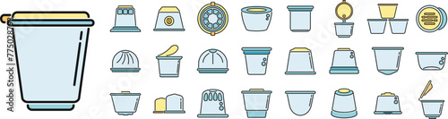 Capsule coffee icons set outline vector. Aroma pod. Strong coffee thin line color flat on white