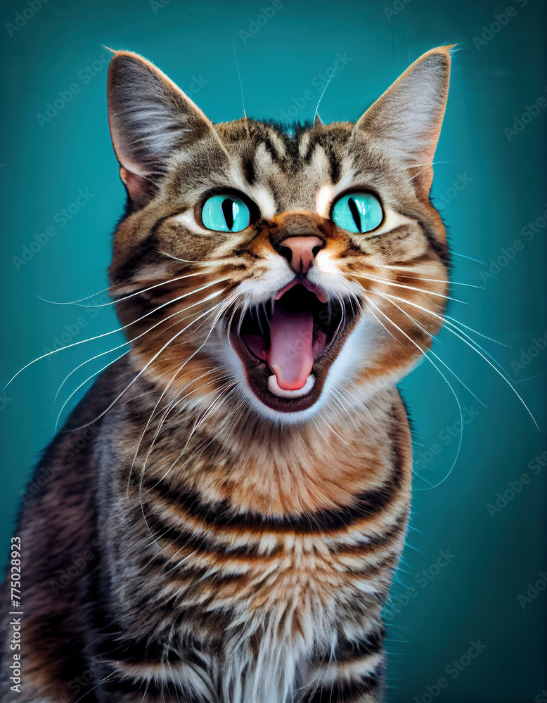 Captivating Close-Up of a Domestic Cat Mid-Meow in a Vibrant Studio Setting