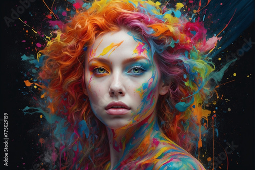 A whimsical, ethereal face of a woman with colorful, flowing hair resembling cosmic elements and floral motifs, evoking a sense of fantasy and imagination. © ipolstock