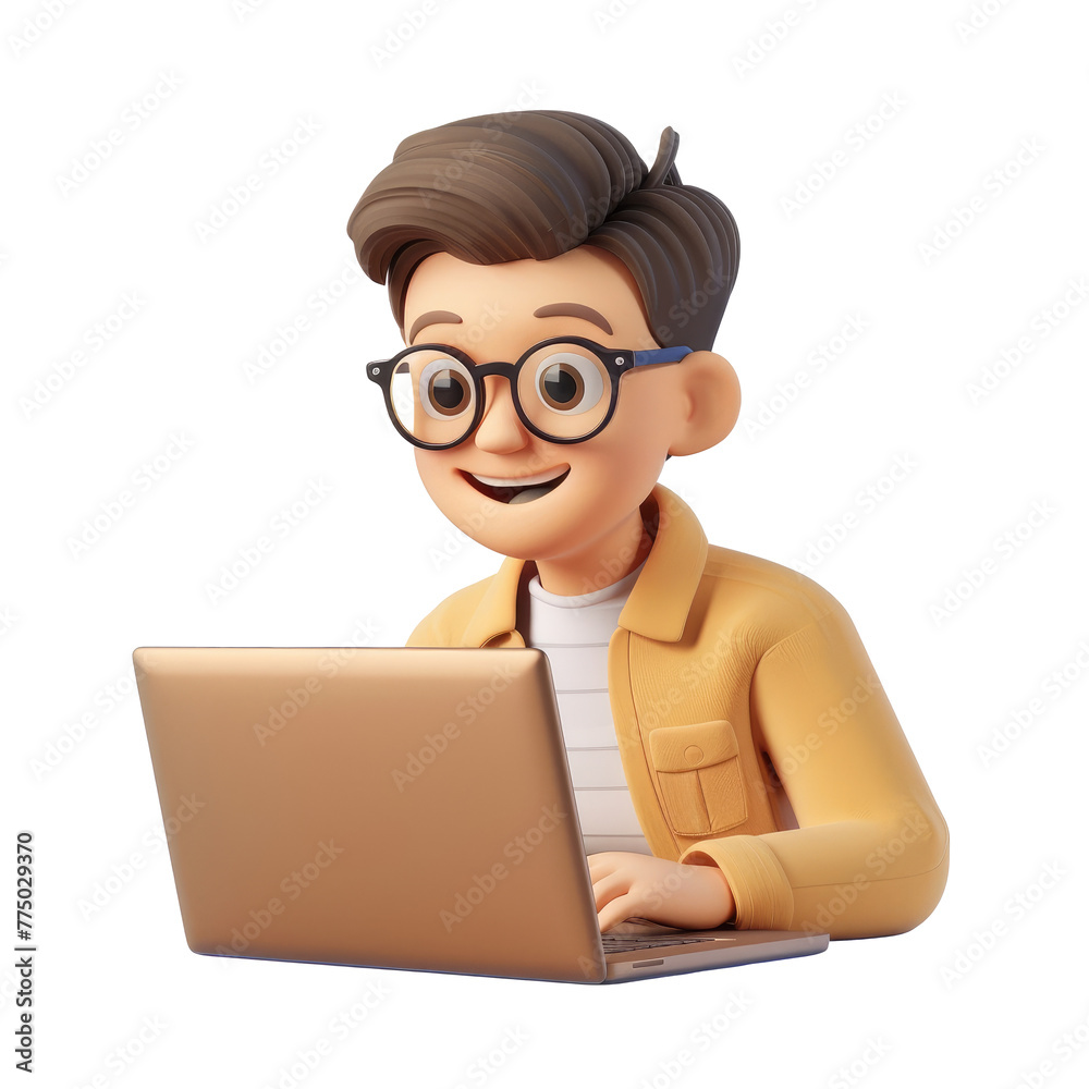 Happy male freelancer working at laptop with memoji on white background, emoji happy male freelancer Happy male freelancer working at laptop with memoji on white background, emoji happy male freelancer