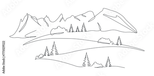 Mountain landscape with fir trees. Illustration in one continuous line. Minimalistic hand drawing. Single line panoramic sketch. Forest landscape silhouette. Vector illustration on white background.