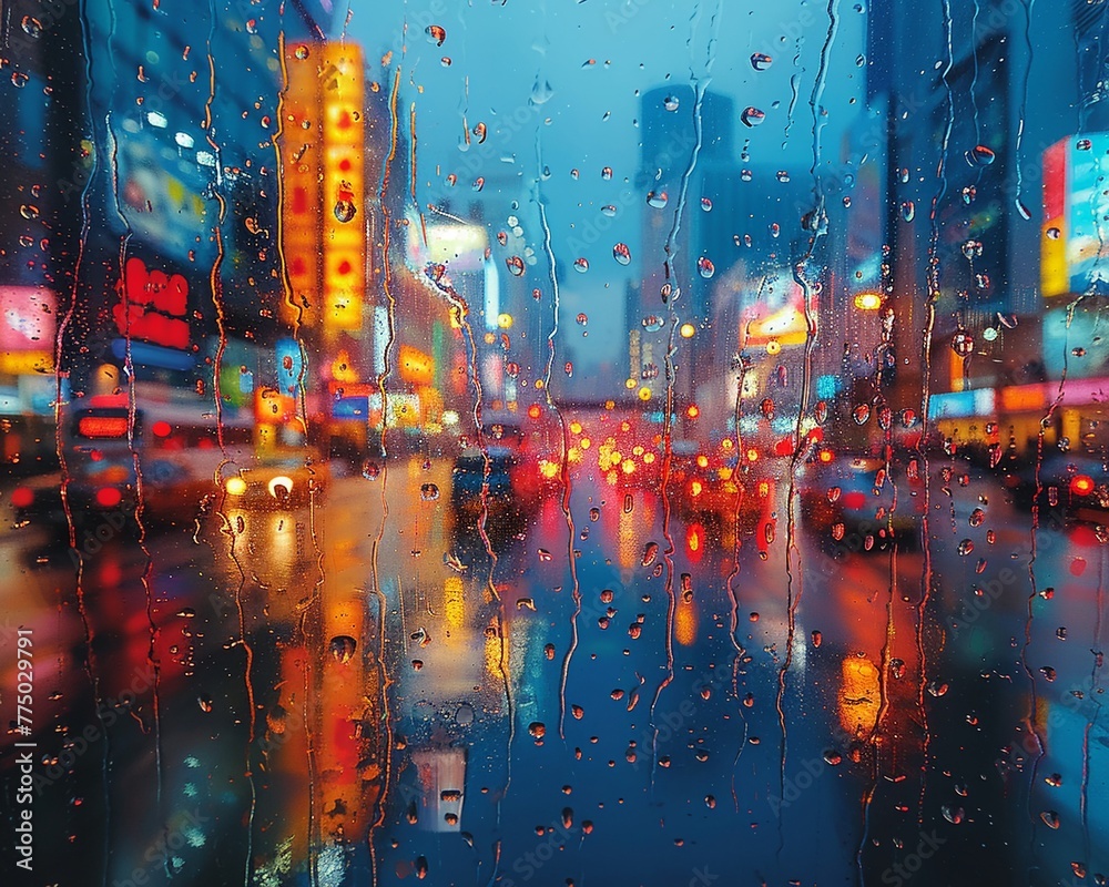 Raindrops on Window with Abstract Cityscape Reflection The blurring effect of rain on glass merges with city contours