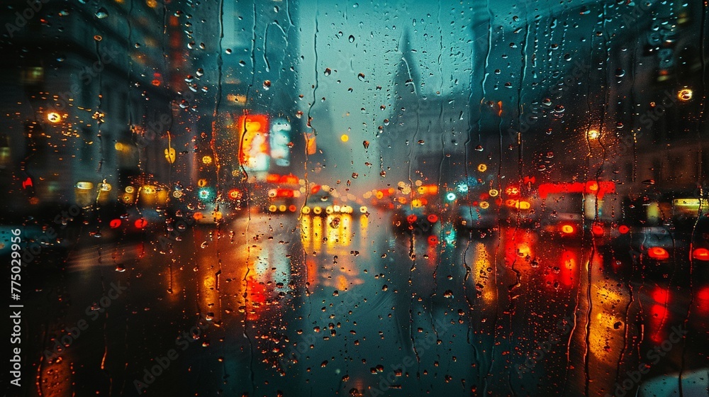Raindrops on Window with Abstract Cityscape Reflection The blurring effect of rain on glass merges with city contours