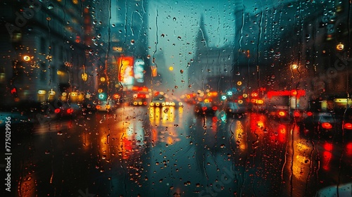 Raindrops on Window with Abstract Cityscape Reflection The blurring effect of rain on glass merges with city contours © Interior Stock Photo