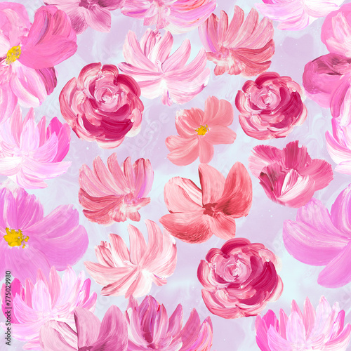 Seamless pattern of abstract painting pink flowers, original hand drawn, impressionism style, color texture, brush strokes of paint, art background.