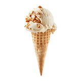 Front view of a delicious looking single caramel pretzel crunch ice cream scoop on a cone levitating in the air isolated on a white transparent background
