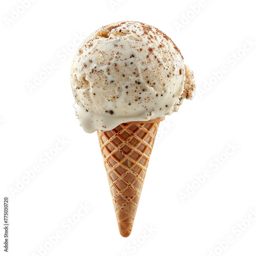 Front view of a delicious looking single cinnamon apple ice cream scoop on a cone levitating in the air isolated on a white transparent background