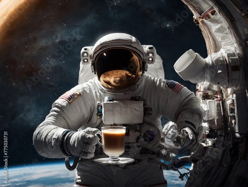 Astronaut with a cup of coffee in space