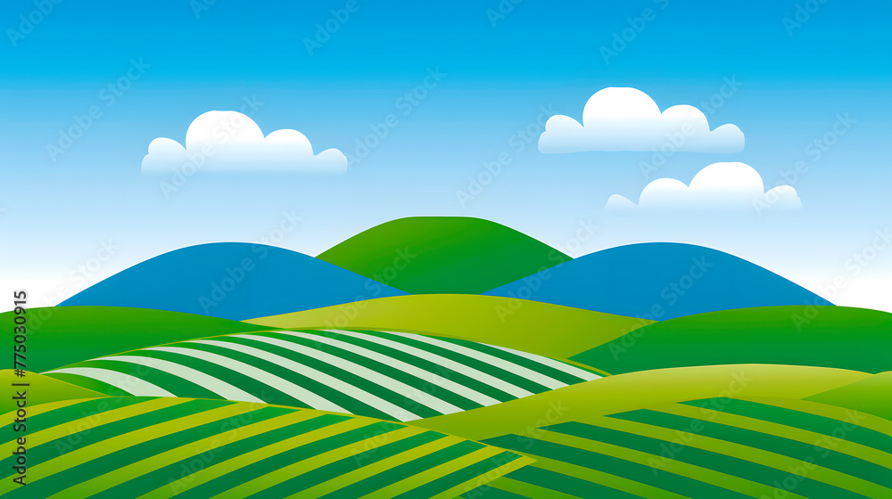 Digital cartoon illustration of rolling green hills with striped agricultural fields under a blue sky.
