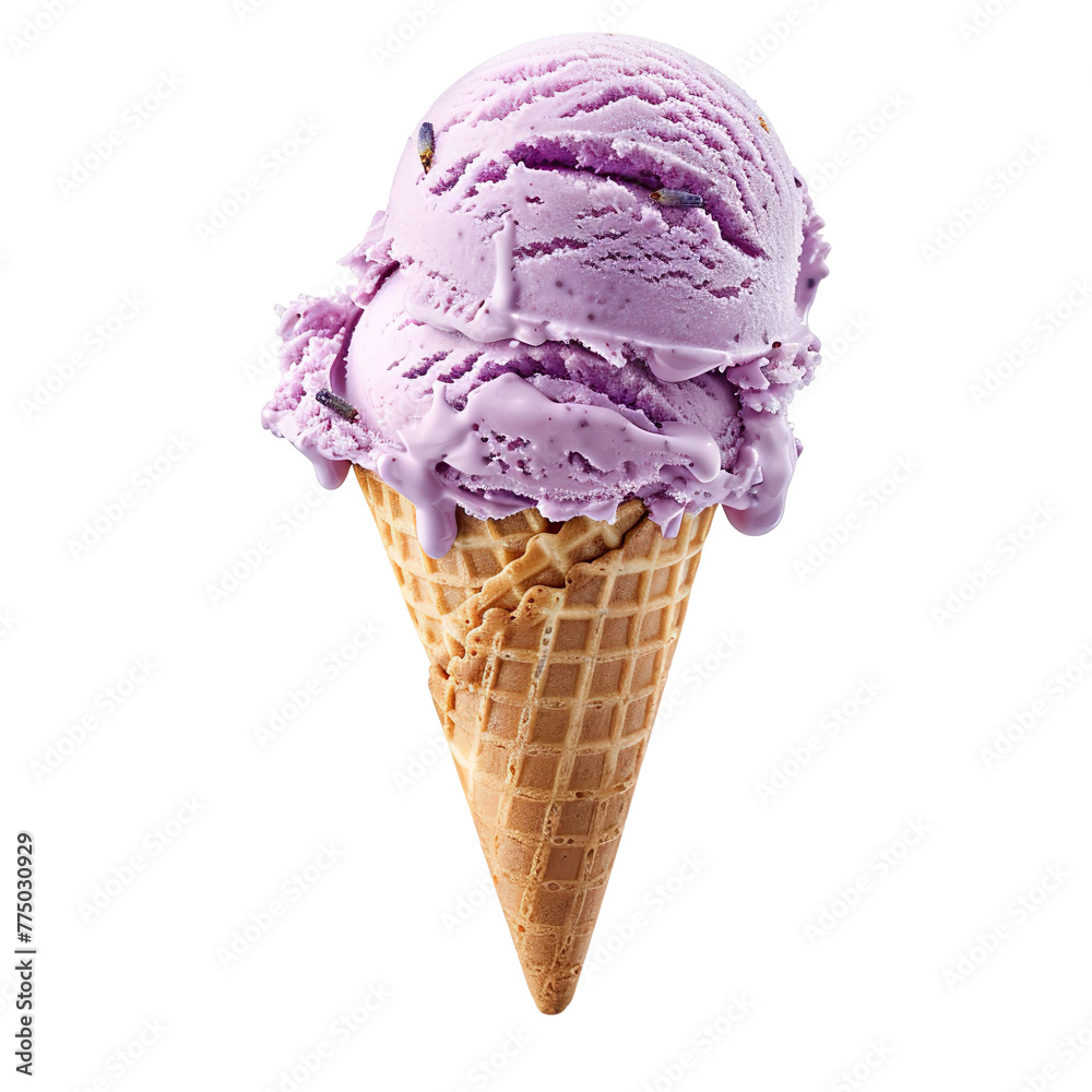 Front view of a delicious looking single honey lavender ice cream scoop on a cone levitating in the air isolated on a white transparent background Front view of a delicious looking single honey lavender ice cream scoop on a cone levitating in the air isolated on a white transparent background