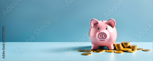 Sad and worried pink pig piggy bank next to a few gold coins, isolated on blue background. Investment failure, bankruptcy concept - Generative AI 