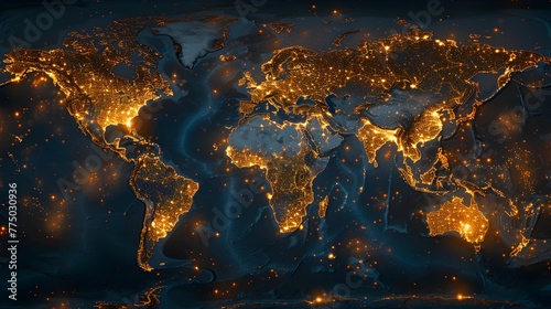 Glowing World Map Representing Population Density and Human Settlement