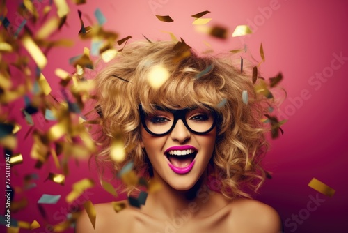 Exuberant young woman with stylish glasses celebrating joyfully among falling confetti on a vibrant pink background. Joyful Woman Celebrating with Confetti on Pink Background