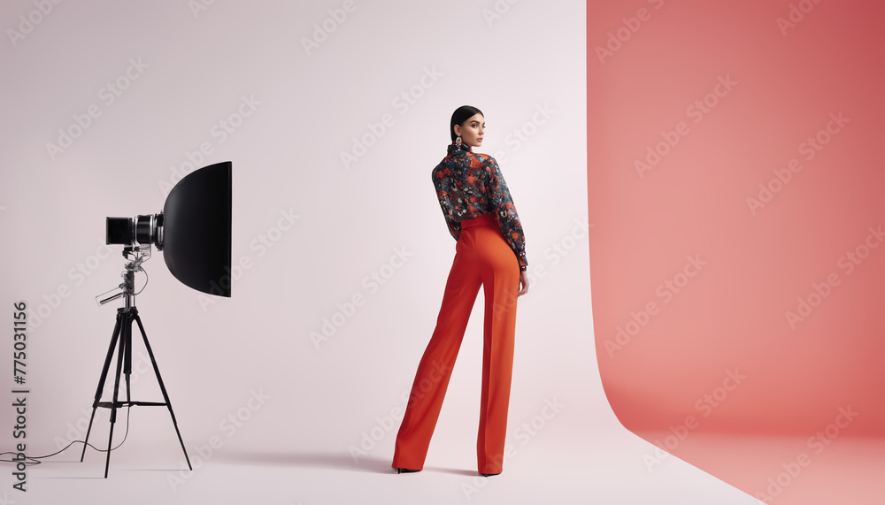 Behind the scenes of a professional photo shot, female fashion model