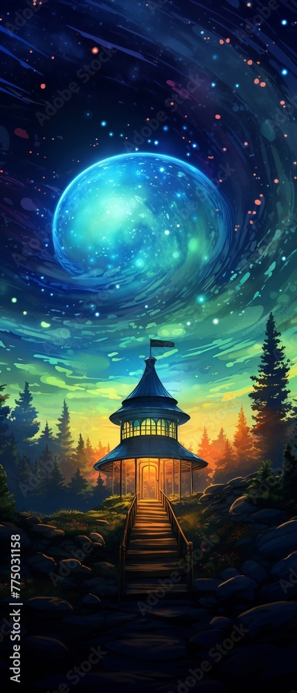 Fototapeta premium Fantastical alien observatory, star-gazing, serene night, wide-angle, celestial wonder