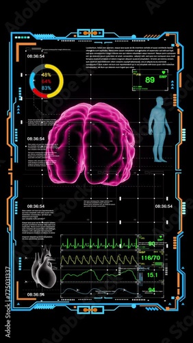 HUD X-ray image displayed Brain and Medical Data Display on computer monitor with digital interface, Concepts of health science, medicine and technology, Vertical video size 4K 9:16