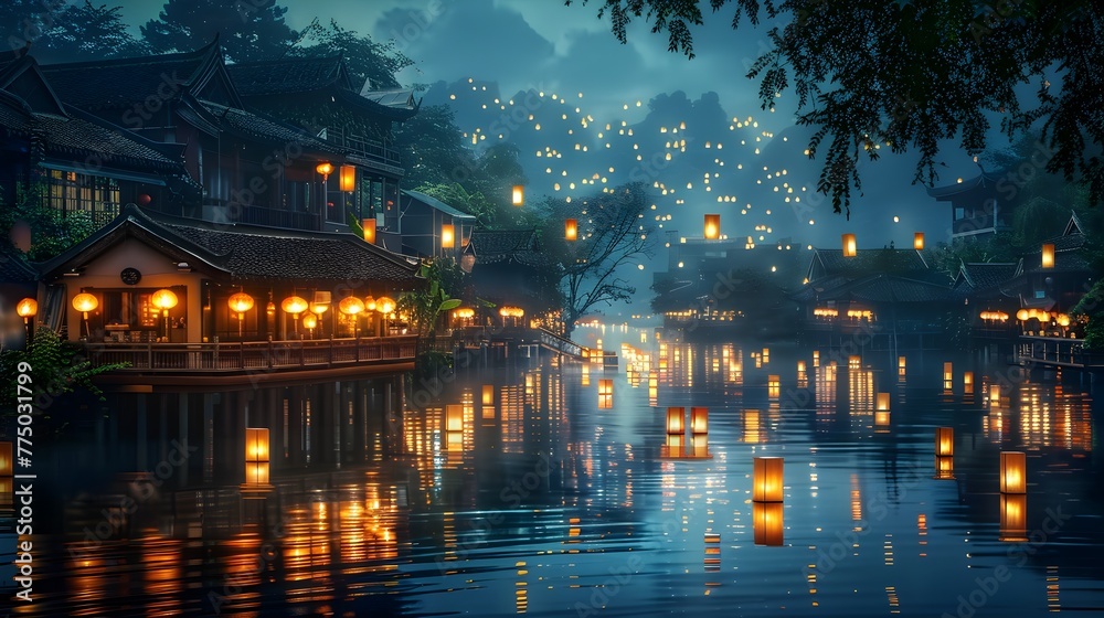 Illuminated Waterfront Village Pathway of Lanterns Uniting the Community at Dusk Illuminated Waterfront Village Pathway of Lanterns Uniting the Community at Dusk