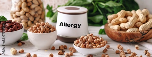 Variety of nuts and legumes on a kitchen counter, allergy awareness setup. photo
