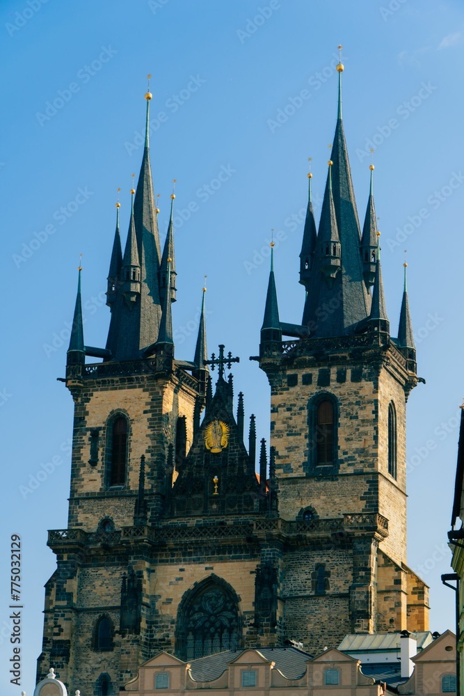 Beautiful view of the Church of Our Lady before Tyn in Prague, Czechia