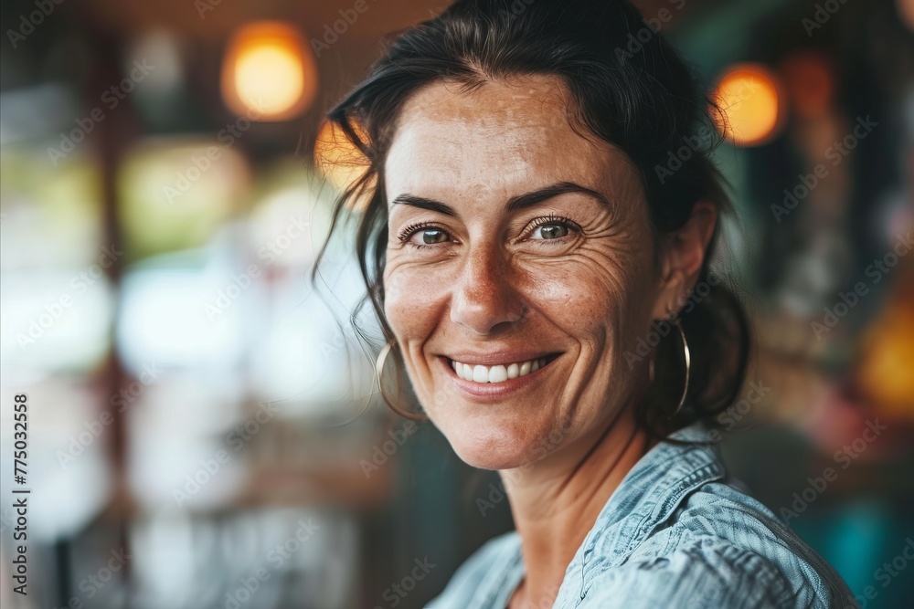 Portrait of a smiling woman in a cafe. Focus on her face. Portrait of a smiling woman in a cafe. Focus on her face.