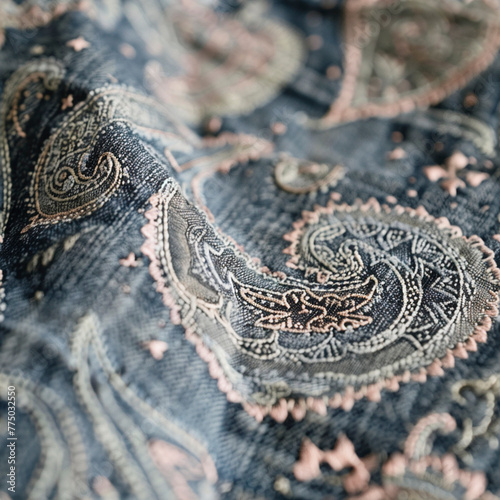 Traditional Paisley Pattern on Denim Fabric