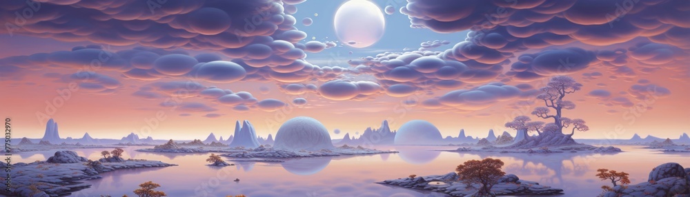Whimsical alien landscape, pastel skies, floating islands, low-angle, soft focus