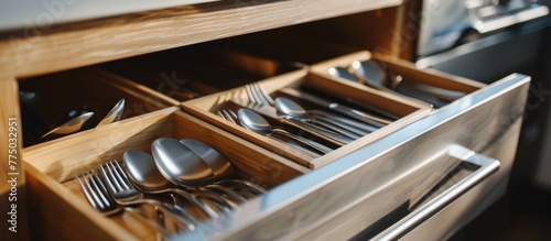Many silverware in a kitchen drawer