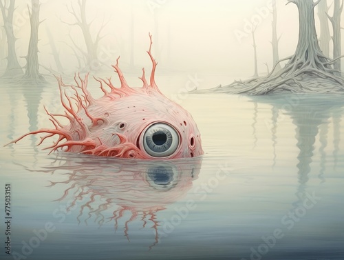 Whimsical creature, mysterious eyes, otherworldly whispers, fog-laden lake, serene reflection photo