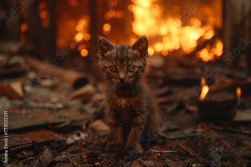 Distressed kitten near a burning house, flames visible