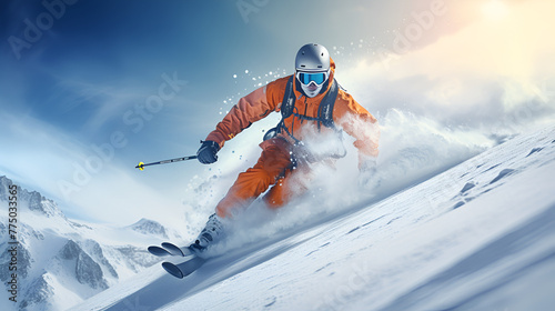 The Adventure of the Skier Wearing an Orange Jacket, Swiftly Gliding Down the Snowy Hillside with snow splash