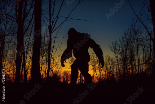 Bigfoot sighting in the dark woods. North American cryptid Sasquatch silhouette in the forest at night. © JoelMasson