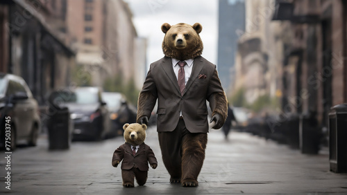 Executive bear and its child in the city