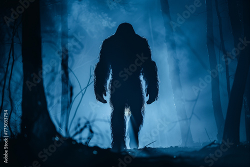 Bigfoot sighting in the dark woods. North American cryptid Sasquatch silhouette in the forest at night.