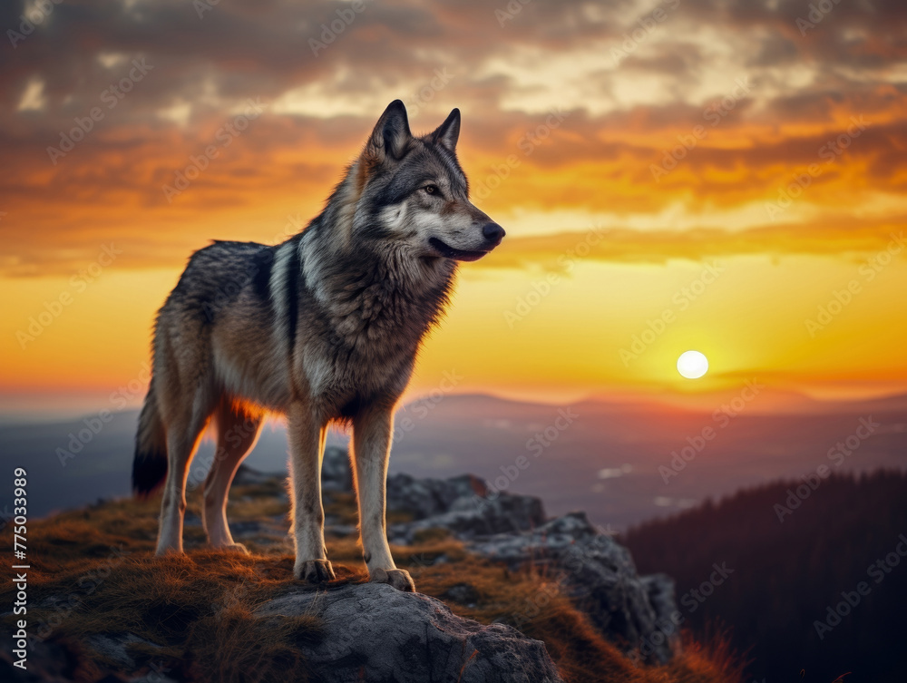 Fototapeta premium Wolf standing on hilltop