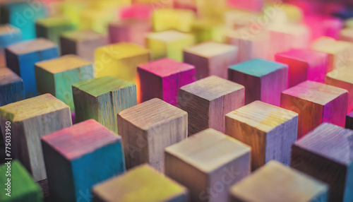 Colorful background of wooden blocks. A Spectrum of multi colored wooden blocks aligned on digital art concept  Generative AI.