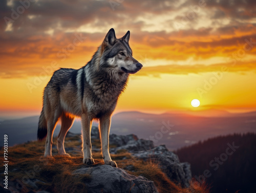 Wolf standing on hilltop