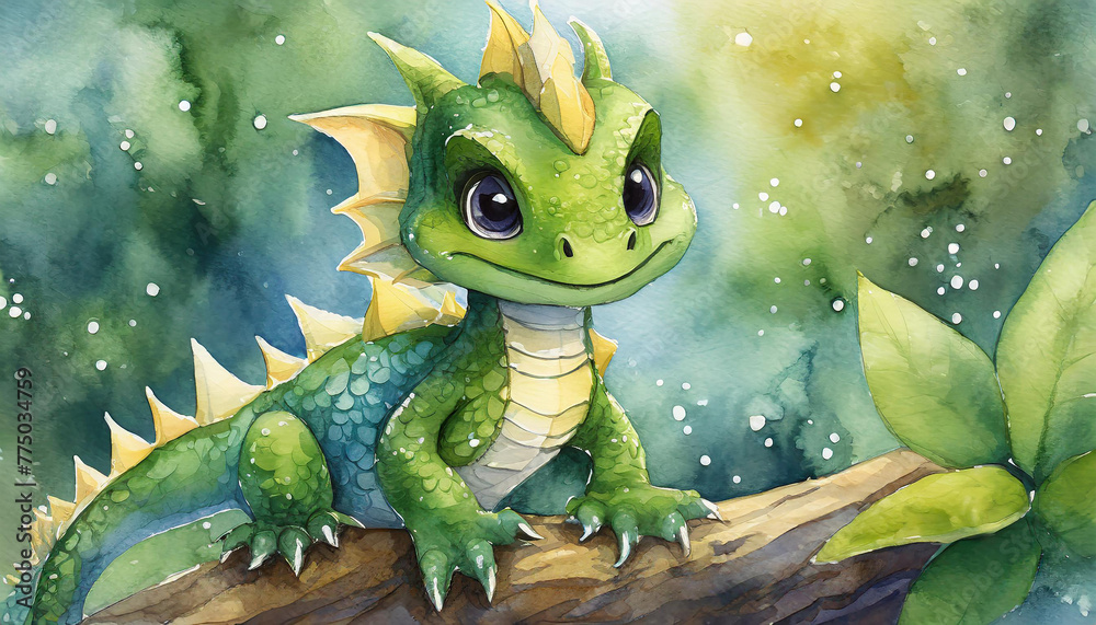 Watercolor illustration of cute green dragon with wings in nature. Adorable fantasy animal.