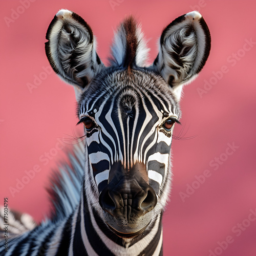 Close-up of a zebra s face with detailed fur and stripes on a pink background.