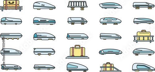 Car roof box icons set outline vector. Auto baggage. Cargo box thin line color flat on white