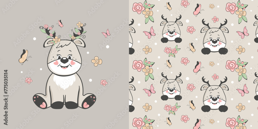Children's seamless pattern with a funny fawn. Vector design for baby bedding, fabric, wallpaper, wrapping paper and more. - obrazy, fototapety, plakaty 