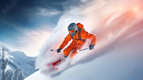 Gliding Through the Icy Winds A Skier's Bold Flight Across Majestic Mountain Peaks in Extreme Winter